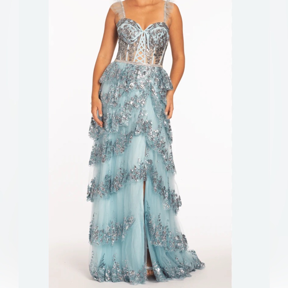 Camille La Vie Blue and Silver Sequin Prom Prom Homecoming Formal Evening Dress